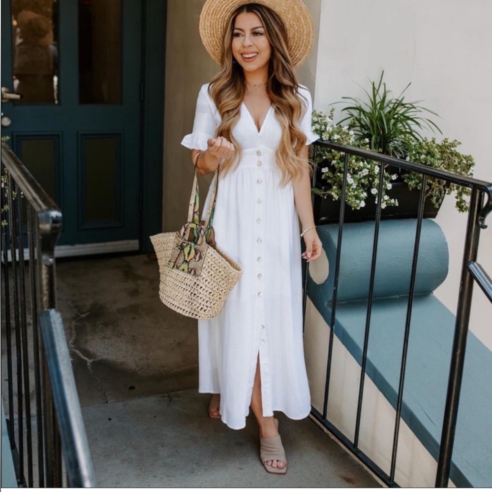 Petal + Pup  Miraloma dress white
linen midi button front ruffle sleeve 10